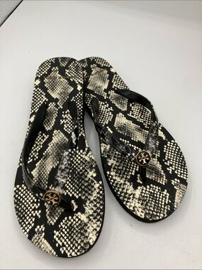 Tory Burch Black & Cream Snake-Print Jelly Flip Flops with Gold Logo